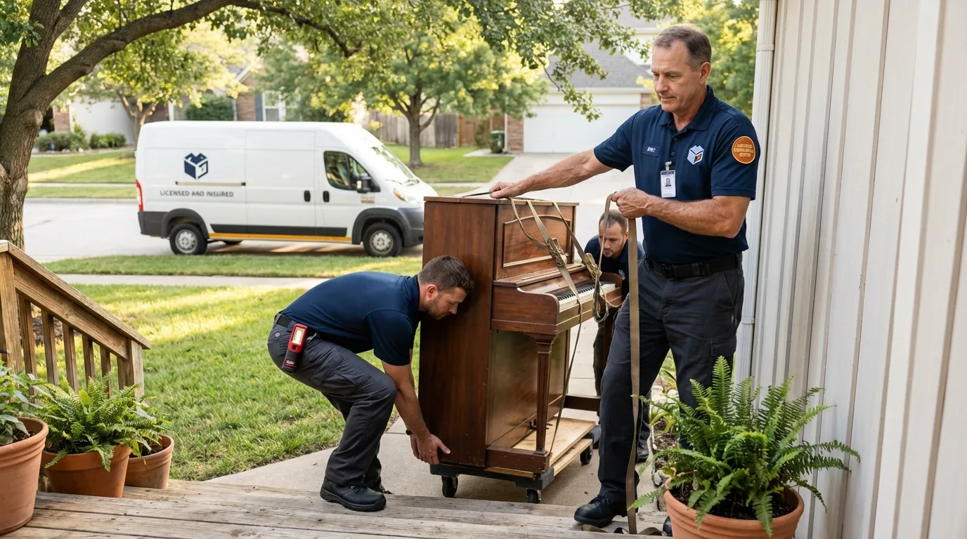 Licensed piano movers securing grand piano in Plant City, FL