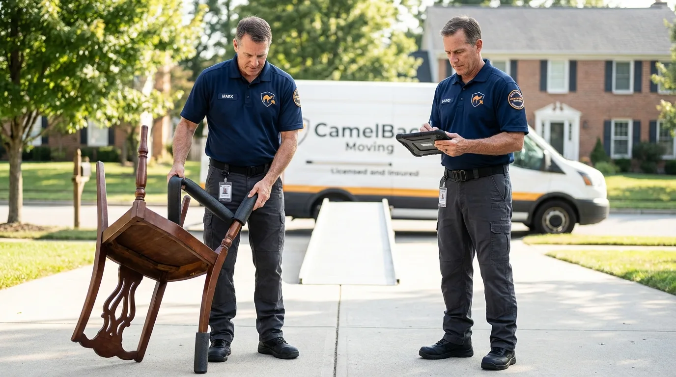 Movers inspecting furniture for damage prevention before loading in Plant City, FL