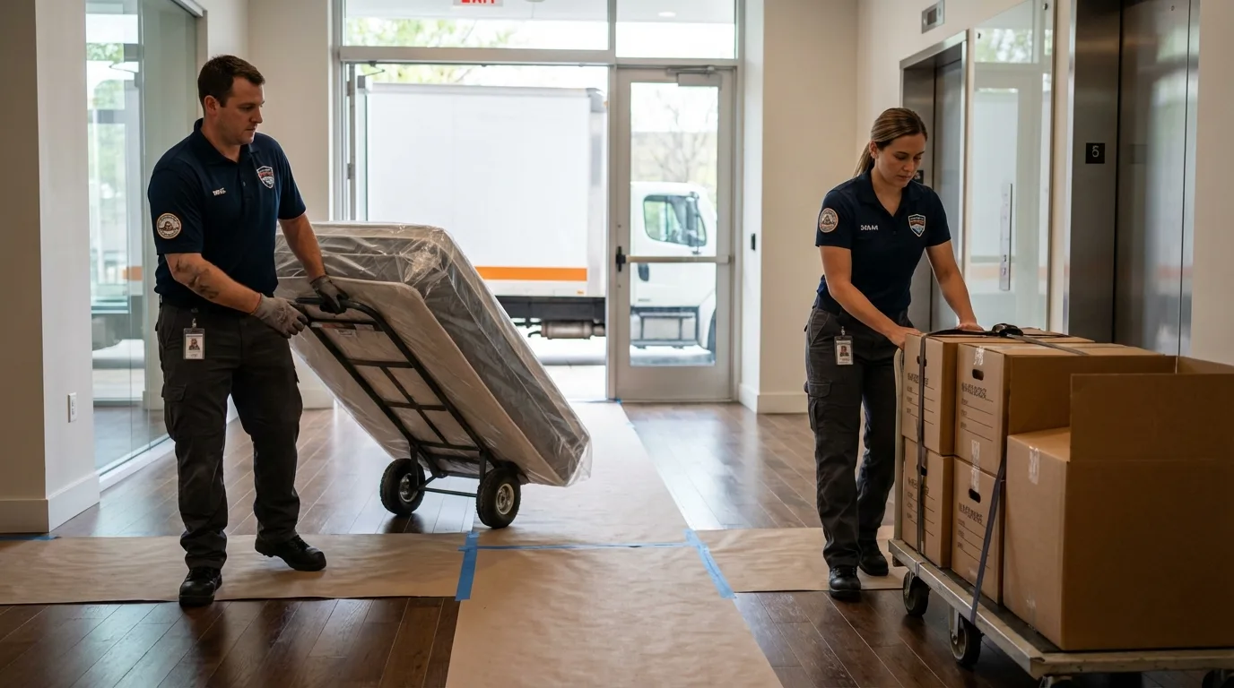 Professional apartment movers loading elevator in Plant City, FL