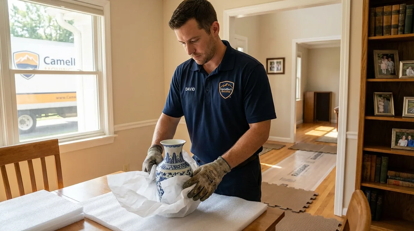 Professional crew carefully wrapping antique vase for senior downsizing move in Plant City, FL